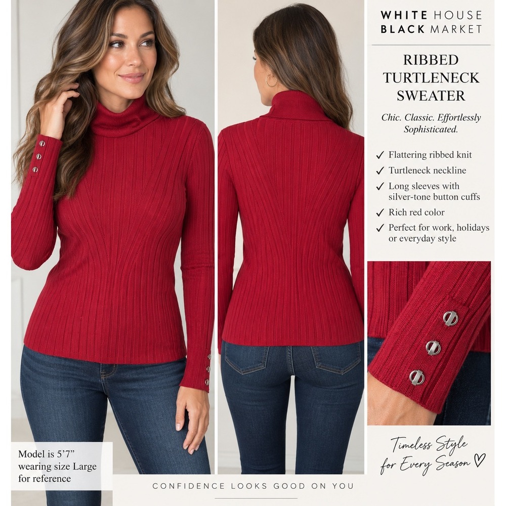 White House Black Market Red Ribbed Turtleneck Sweater Button Cuff Large